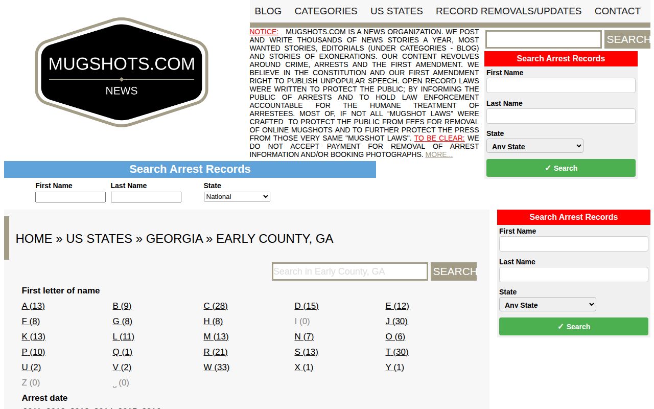 Early County Georgia historical mugshot archive search screen, not a current booking roster