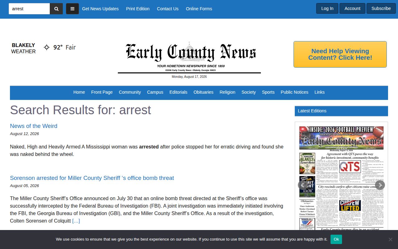 Early County News arrest search interface for episodic booking story research