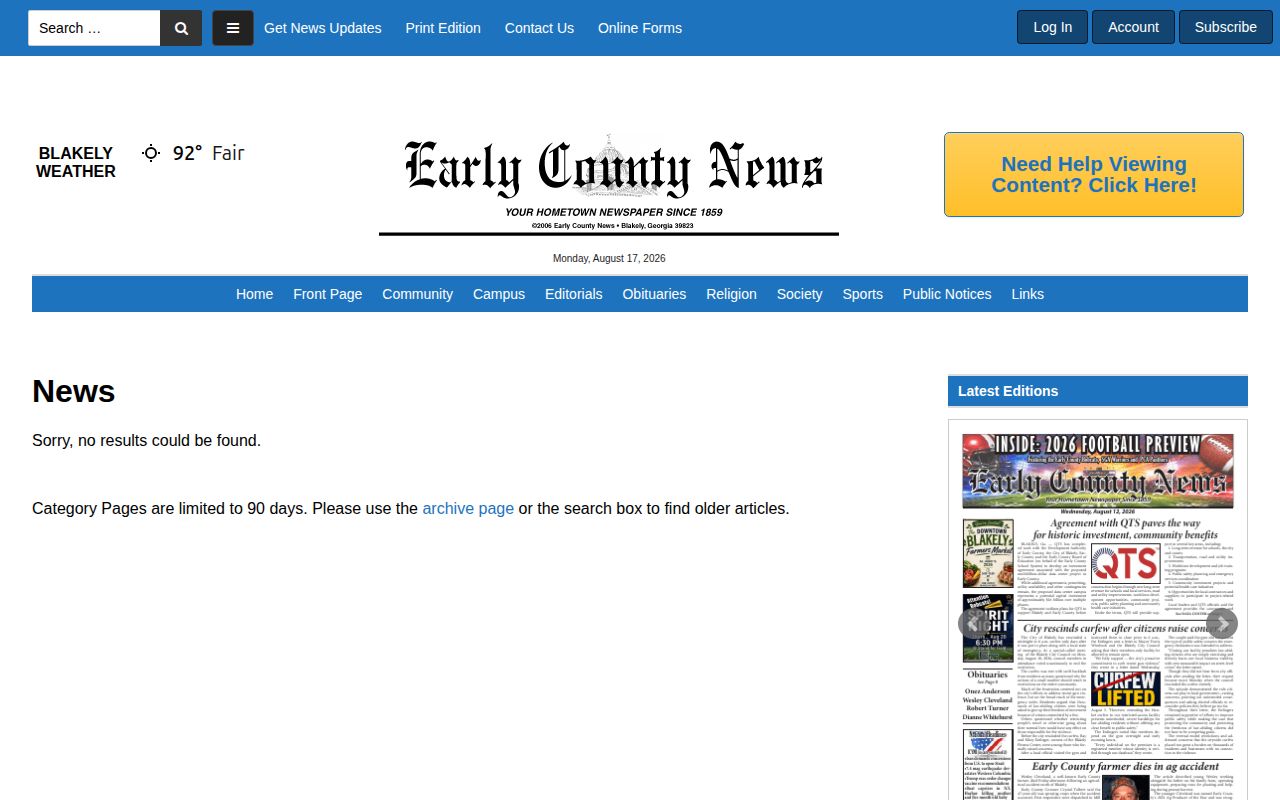 Early County News section for local crime and booking story research
