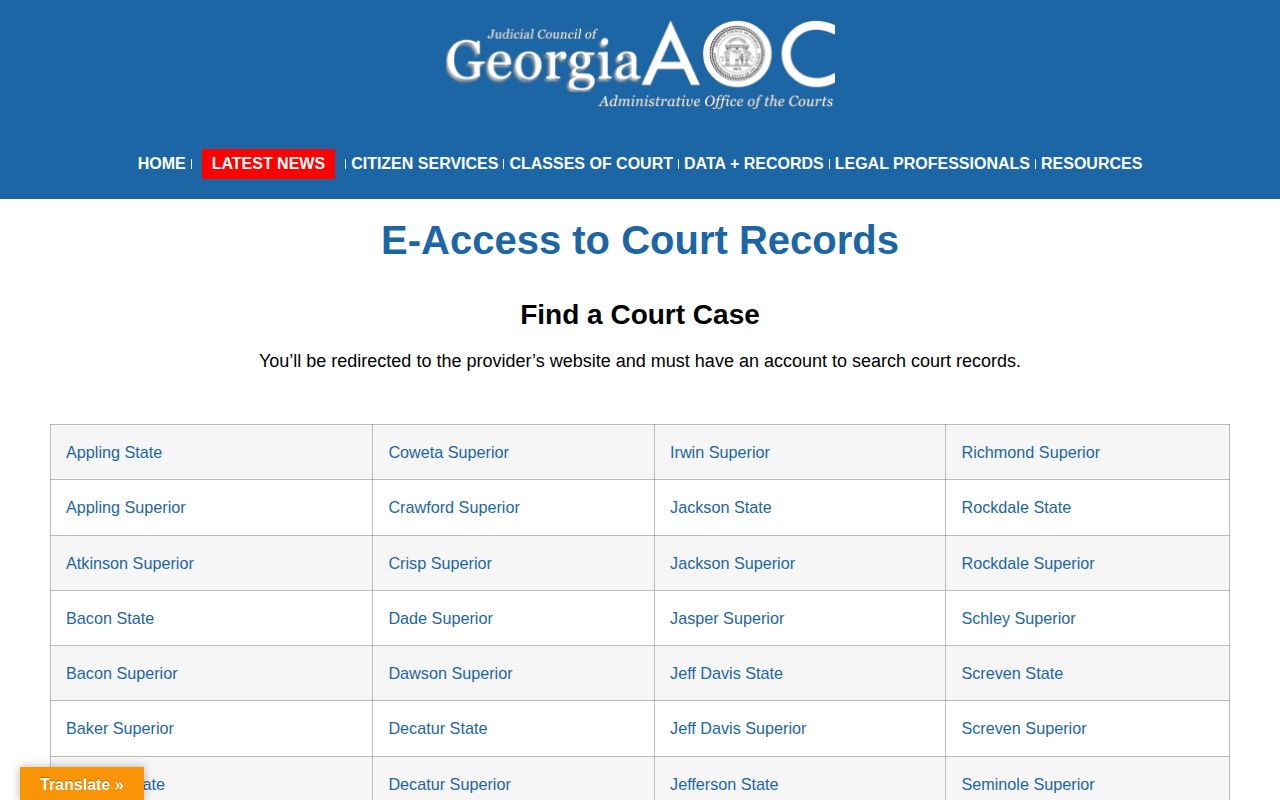 Georgia Courts e-access screen for Early County court disposition records