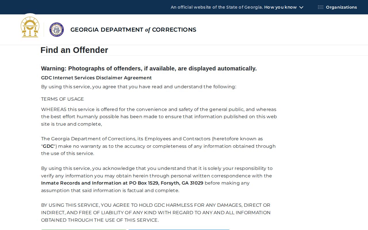 Georgia DOC offender search and conditional photo notice for Early County custody research