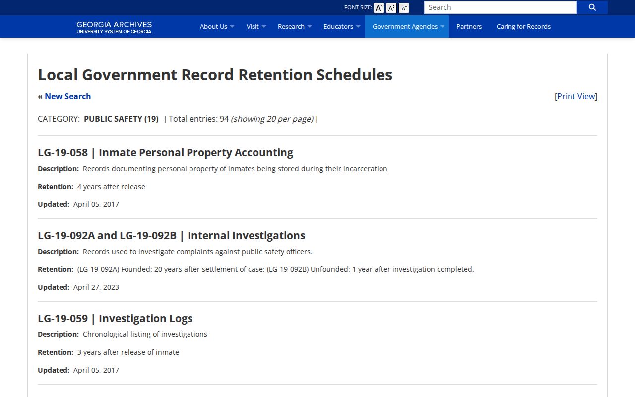 Georgia Archives jail booking retention schedule for Early County records