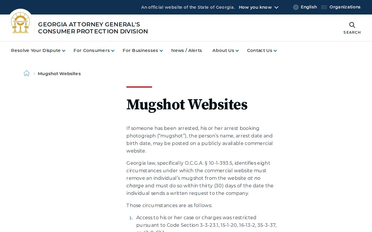 Georgia official mugshot law and Early County booking record removal information
